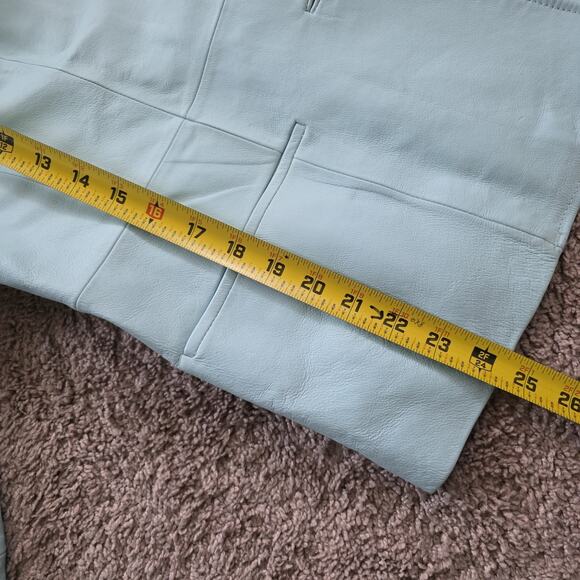 Vintage Baby Blue Leather Jacket Womens L Button Up Moto Y2K 90s Lined Pastel - Picture 11 of 11